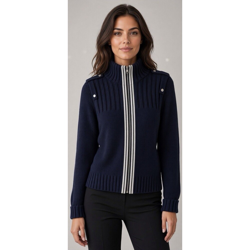 Ann Taylor Loft Size L Zip Front Navy White Stripe Cardigan Sweater Work